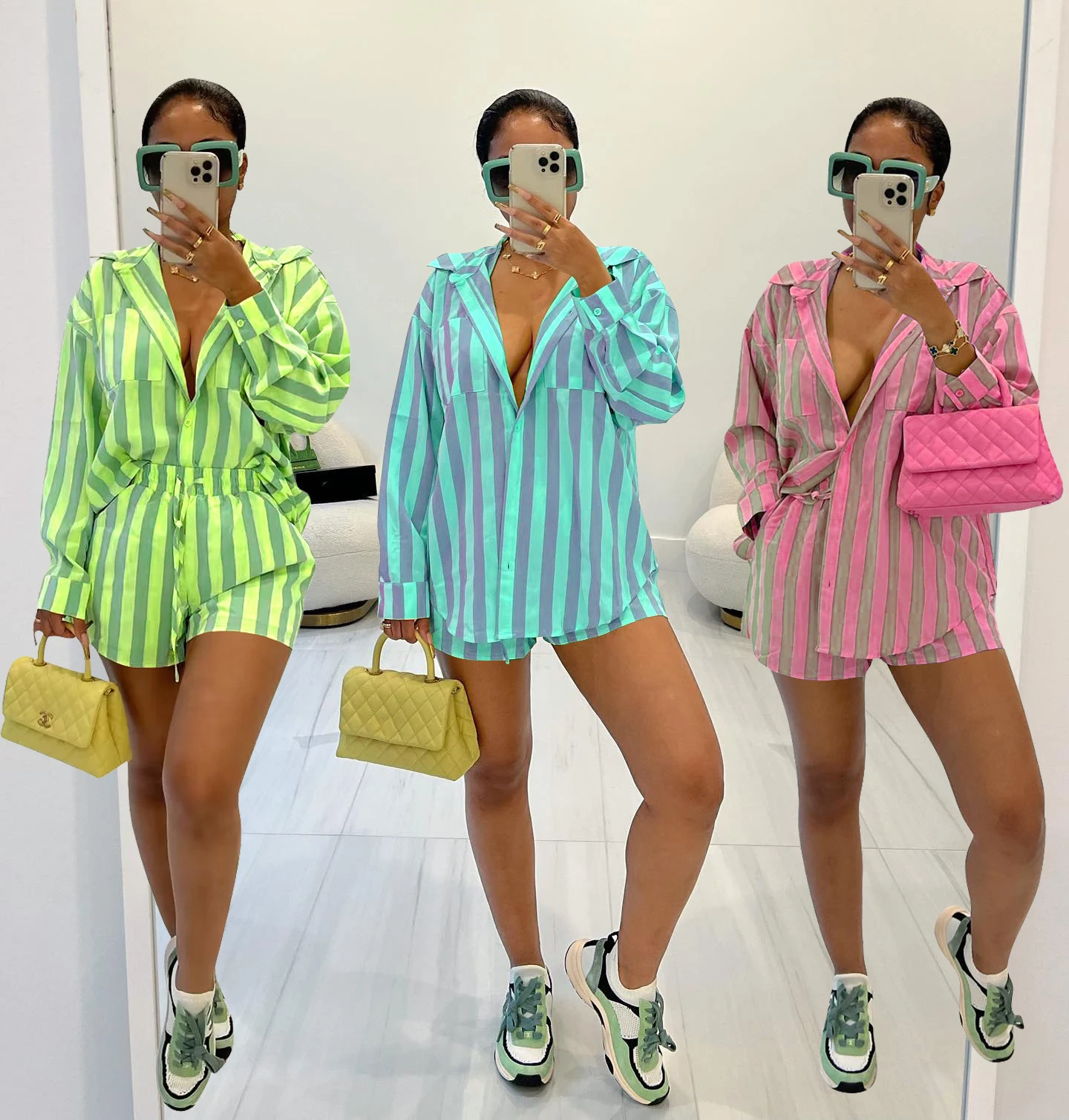 Elegant Sexy Blouse 2 Piece Short Pant Suit Set Outfits Y2K 2023 Women Clothes Summer Luxury Striped Shirt Two Piece Short Set