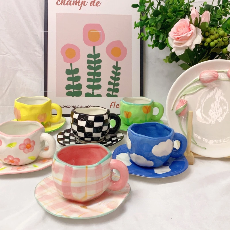 

Nordic Hand-painted Ceramic Mugs, Safe and Durable Household Afternoon Tea Cups, Heat-resistant Office Coffee Cup and Saucer Set