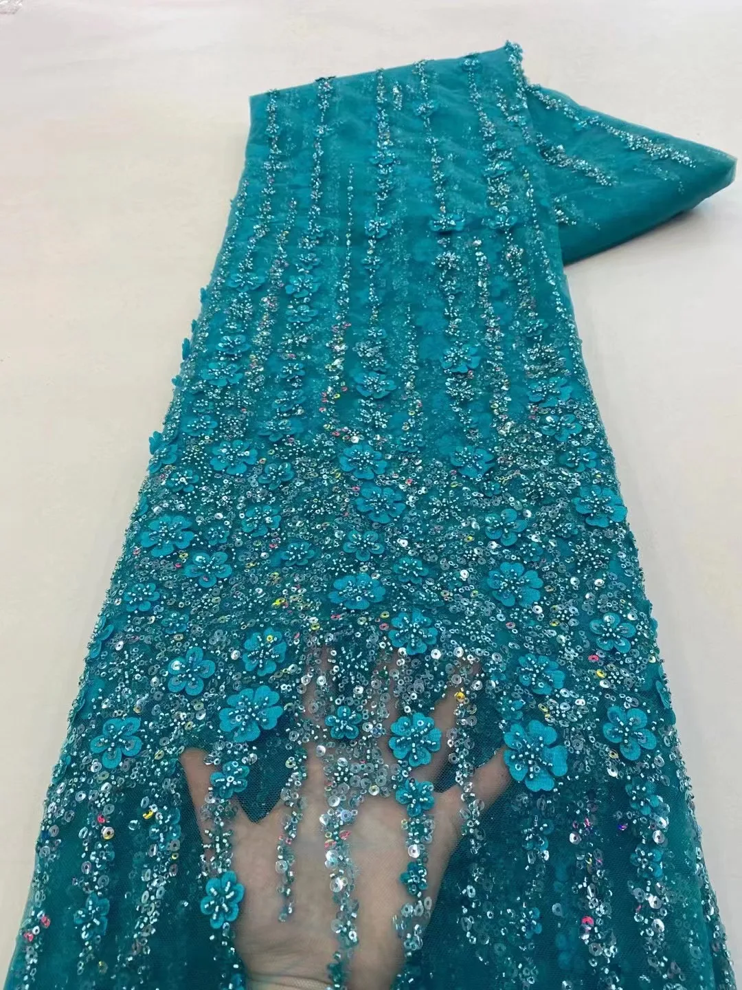 

Blue African Heavy Beads Groom Lace Fabric 2023 High Quality Material Nigerian French Sequins Lace Fabric For Wedding Sew