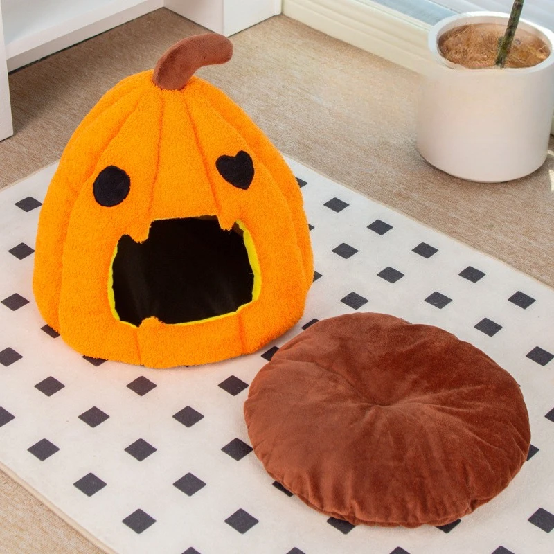 Halloween 3D Pumpkin Cat Litter Autumn Winter Warm Thickened Cat Beds Semi-enclosed Kennel Pet Products