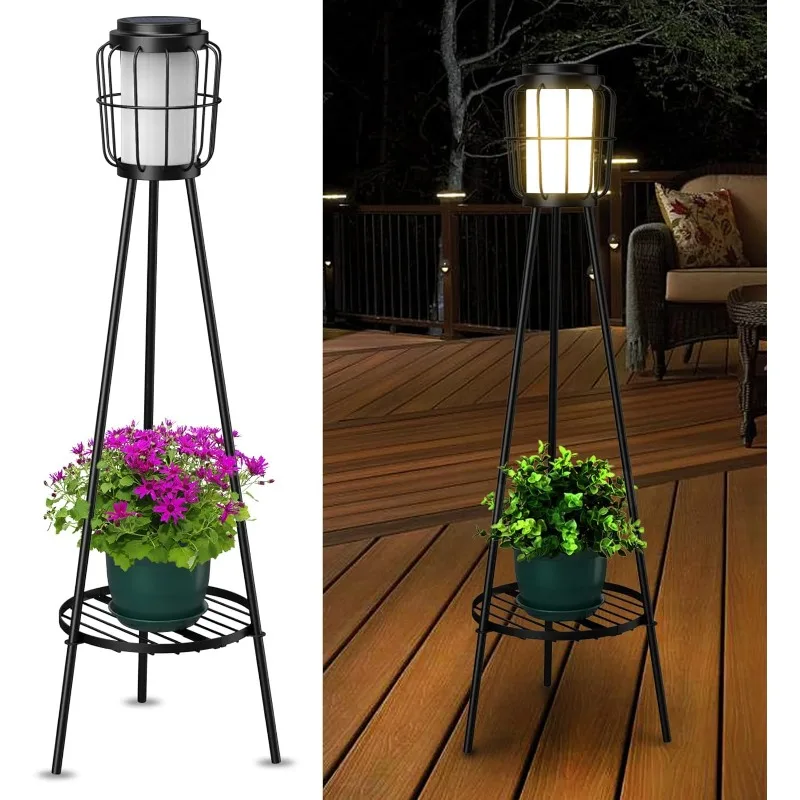 

2 Pack Solar Lights Outdoor with Plant Stands, Solar Floor Lamp, Solar Powered Street Lights Metal Tripod Deck Lights