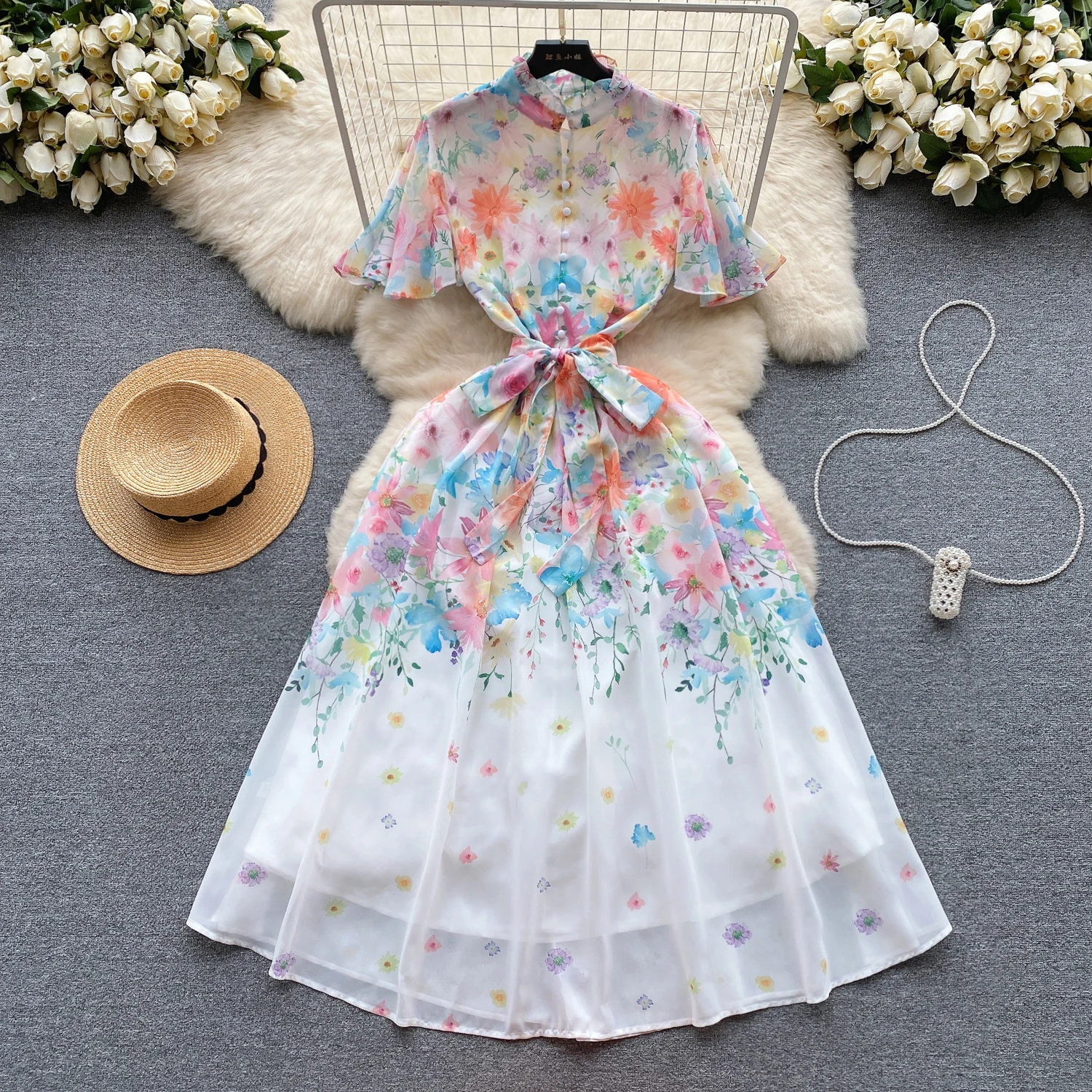 

Women's fashion new short sleeve summer print dress lace up big swing dress