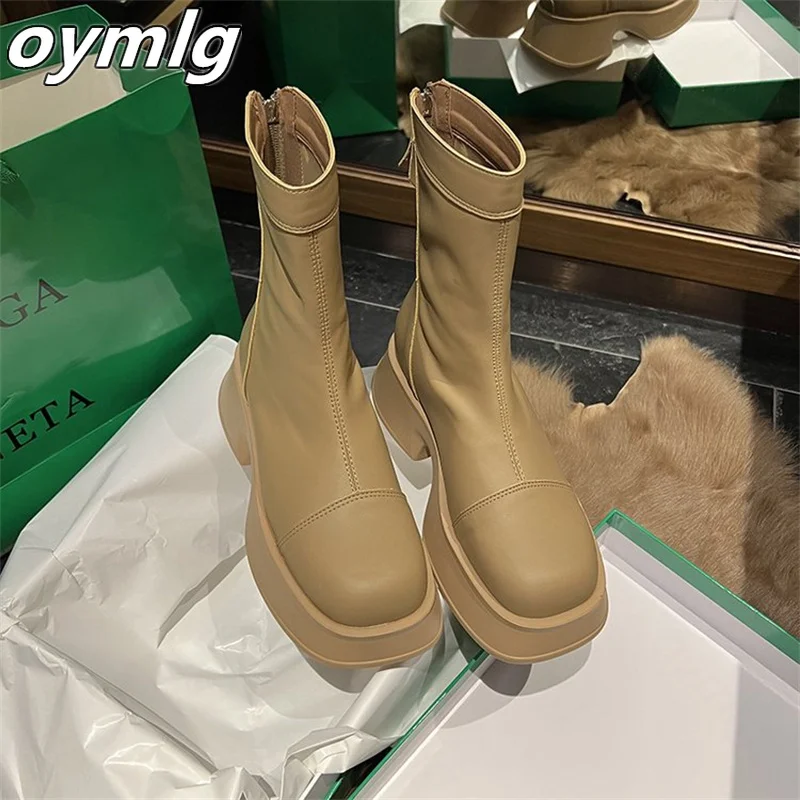 

2022autumn winter new short boots women's thick-soled leather boots women's shoes square toe middle heel back zipper boots women