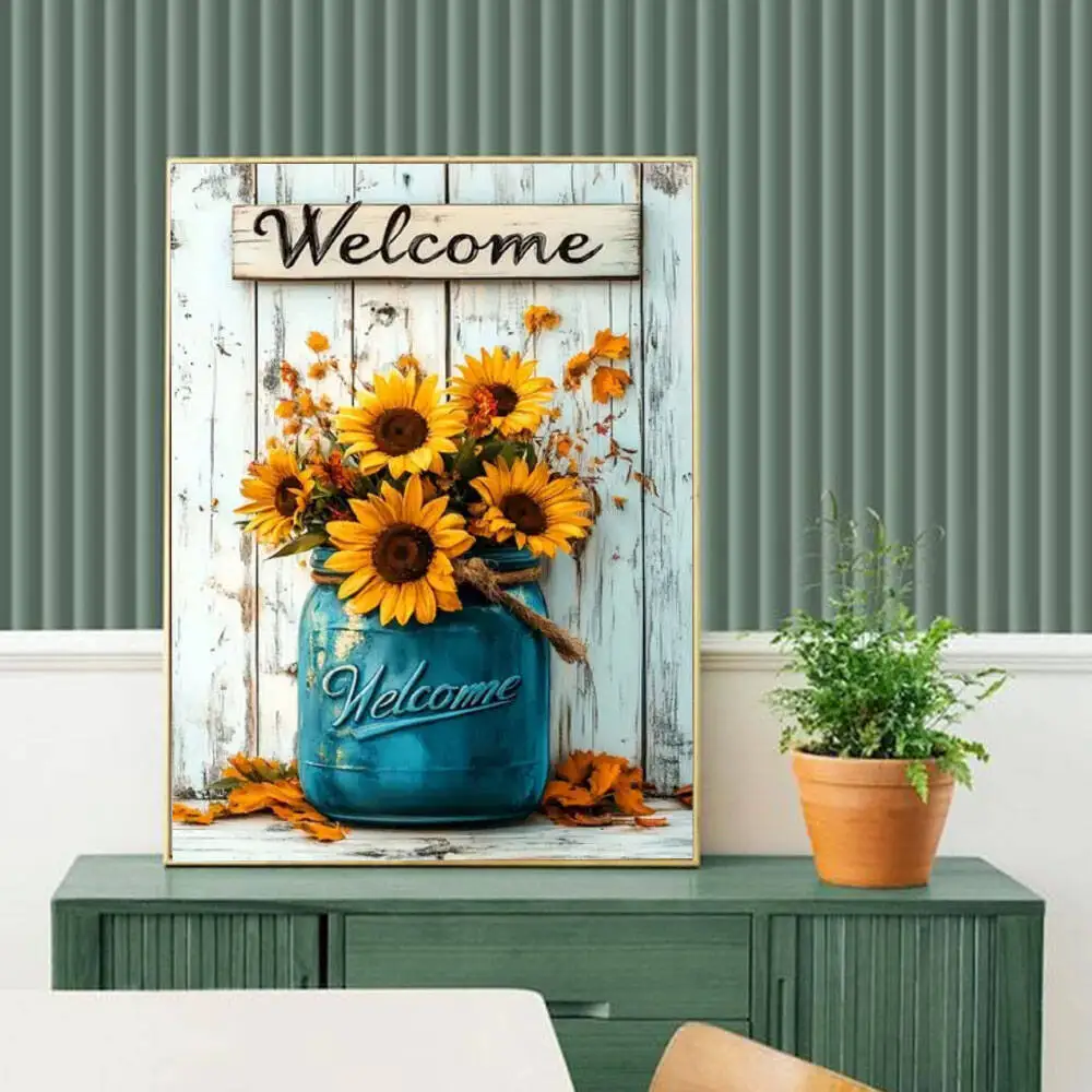 Het afgewerkte diamond painting in een gouden lijst boven een groen dressoir (lijst niet inbegrepen)