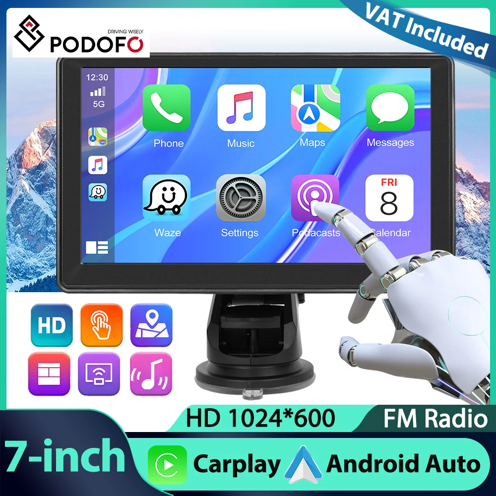Podofo Lecteur multimédia intelligent 7'' pour voiture avec Carplay, Android Auto, Aiplay, Android Cast, Bluetooth, égaliseur sonore, moniteur de tableau de bord, AUX Audio, FM 1 Podofo Lecteur multimédia intelligent 7'' pour voiture avec Carplay, Android Auto, Aiplay, Android Cast, Bluetooth, égaliseur sonore, moniteur de tableau de bord, AUX Audio, FM 1