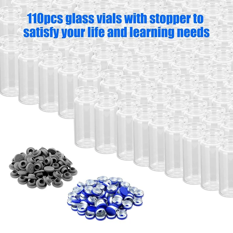100 Pcs 10 ml Clear Glass Vials with Plastic Aluminum Flip Caps and Rubber Stoppers