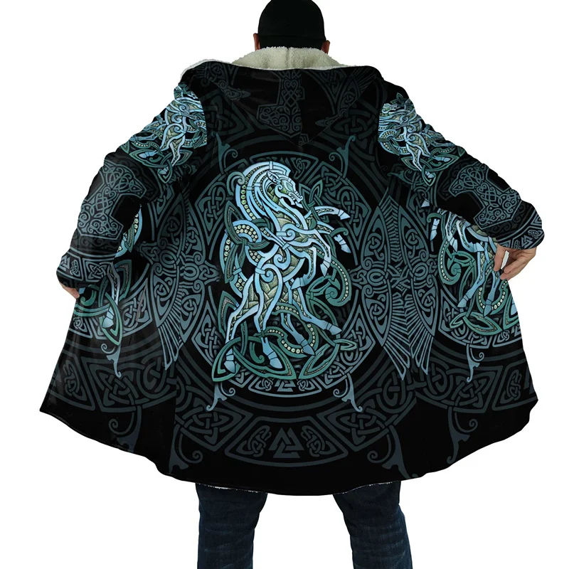 

Men's Winter Hooded Cloak Viking Wolf Odin Raven Tattoo 3D Print Men's Wool Hooded Cloak Unisex Casual Thickened Cloak Coat FN01