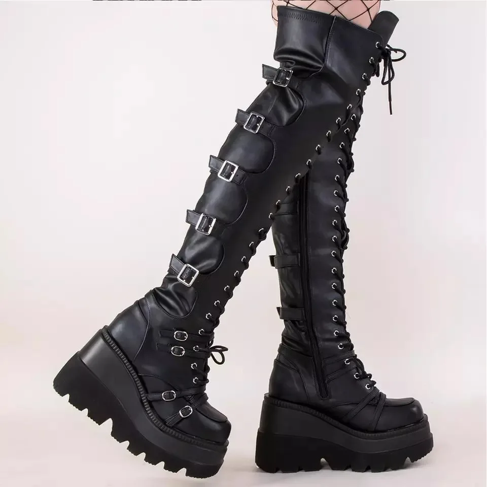 Punk Gothic Thigh High Platform Wedge Boots for Women - true deals club