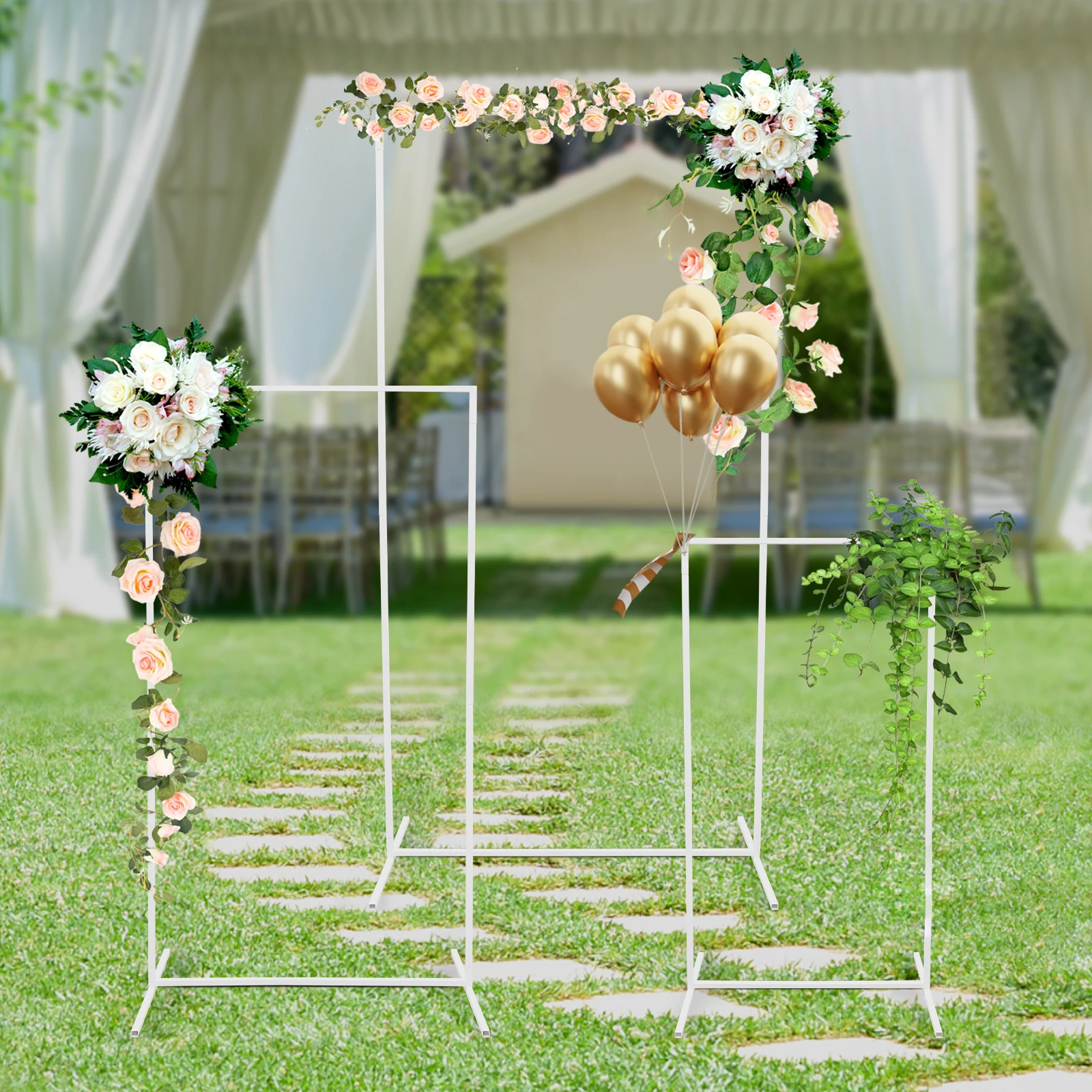 3PCS Wedding Arch Metal Backdrop Rectangular Wedding Stand Balloon Frame Archway White/Gold
