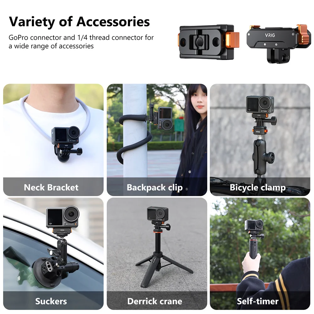 VRIG AC-31 DJI 오즈모 액션 5 프로/4/3용 마그네틱 퀵 릴리즈 마운트(1/4인치 고로 마운트 포함, 고로 12 DJI 액션 호환)