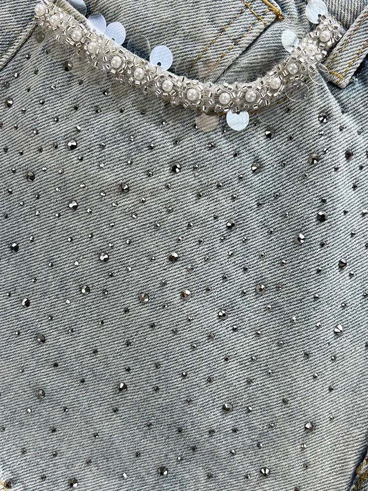 Rhinestone Denim Shorts Women's 2024 Summer Clothes New Fashion High Waist Slim-fit European Station Burr A- Line Hot Pants