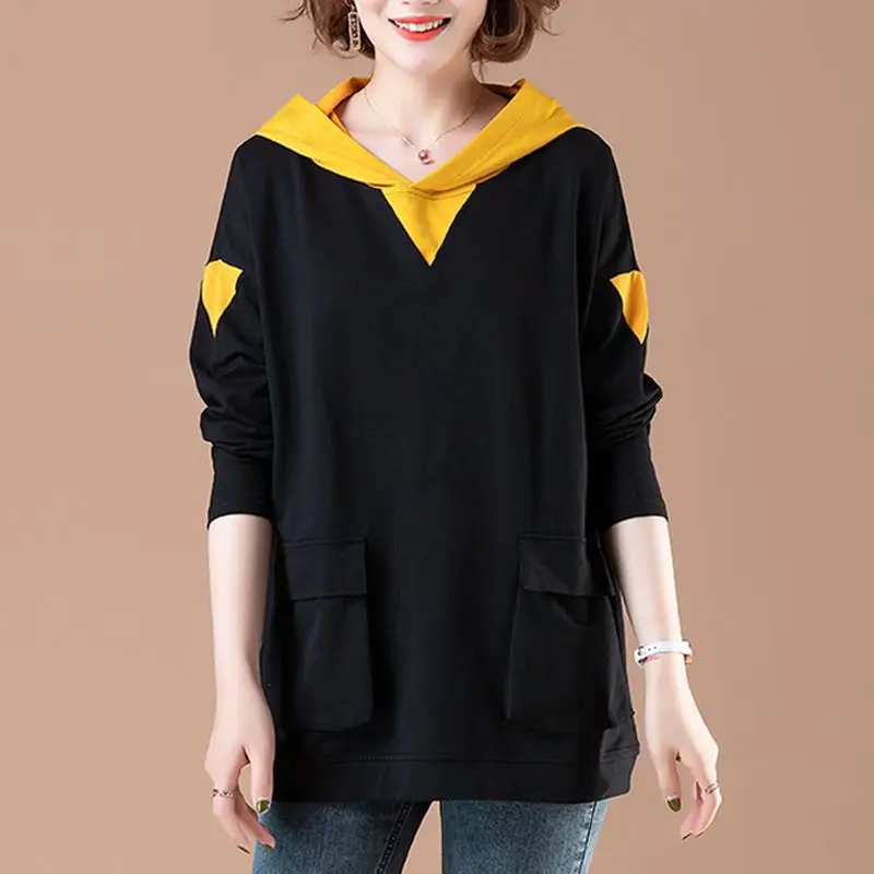 Women Korean Patchwork Streetwear Casual Hooded Sweatshirts Autumn Female Long Sleeve Pockets Hoodies Cotton Loose Pullover Tops