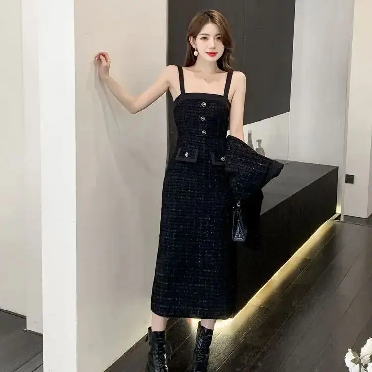 Two Piece Set Lapel Short Jacket Coat+Spaghetti Straps Dress Suit Women Outfits Vintage Luxury Tweed Two Piece Set