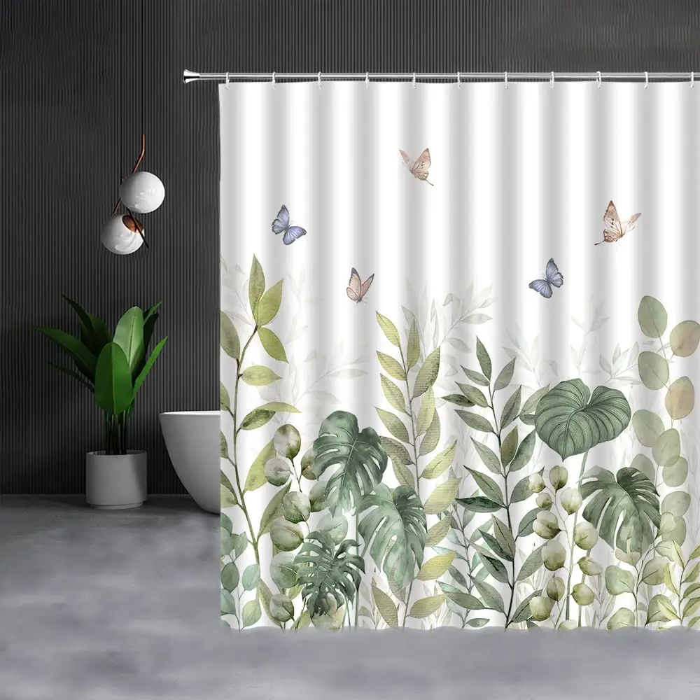 

Botanical Butterfly Shower Curtain Spring Green Leaf Watercolor Tropical Leaves Garden Flower Bathroom Curtains with Hooks