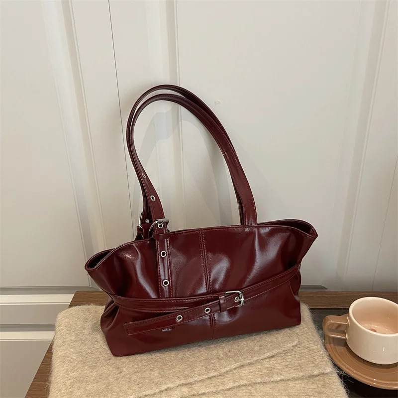 New Fashionable Versatile Belt Buckle Handbag Korean Style Solid Color Soft Leather Women’s Casual Shoulder Bag Underarm Bag
