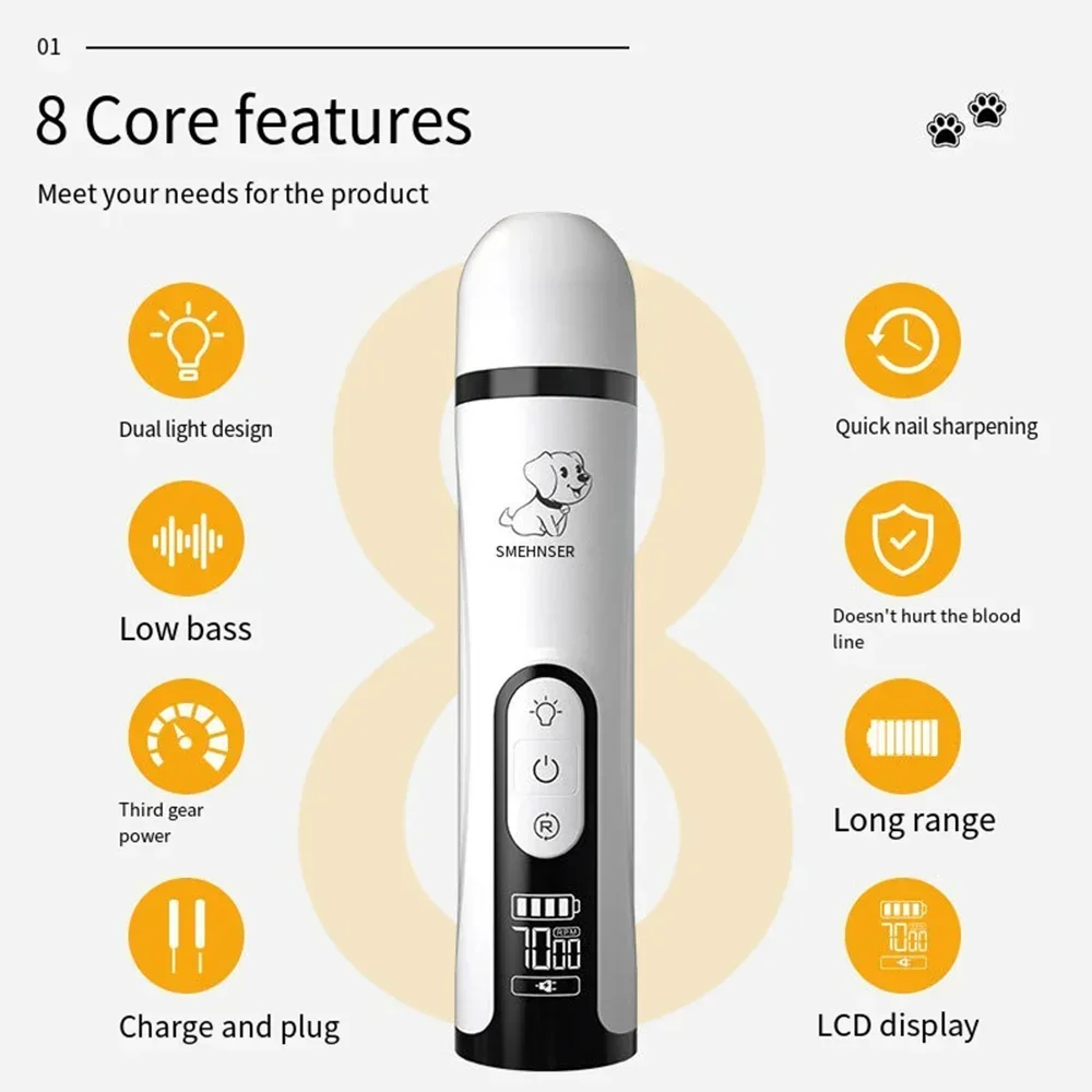 Dog Nail Grinder with 2 LED Lights-Pet Nail Trimmer, Painless Paw Grooming & Smoothing for Medium & Large Dogs (White)