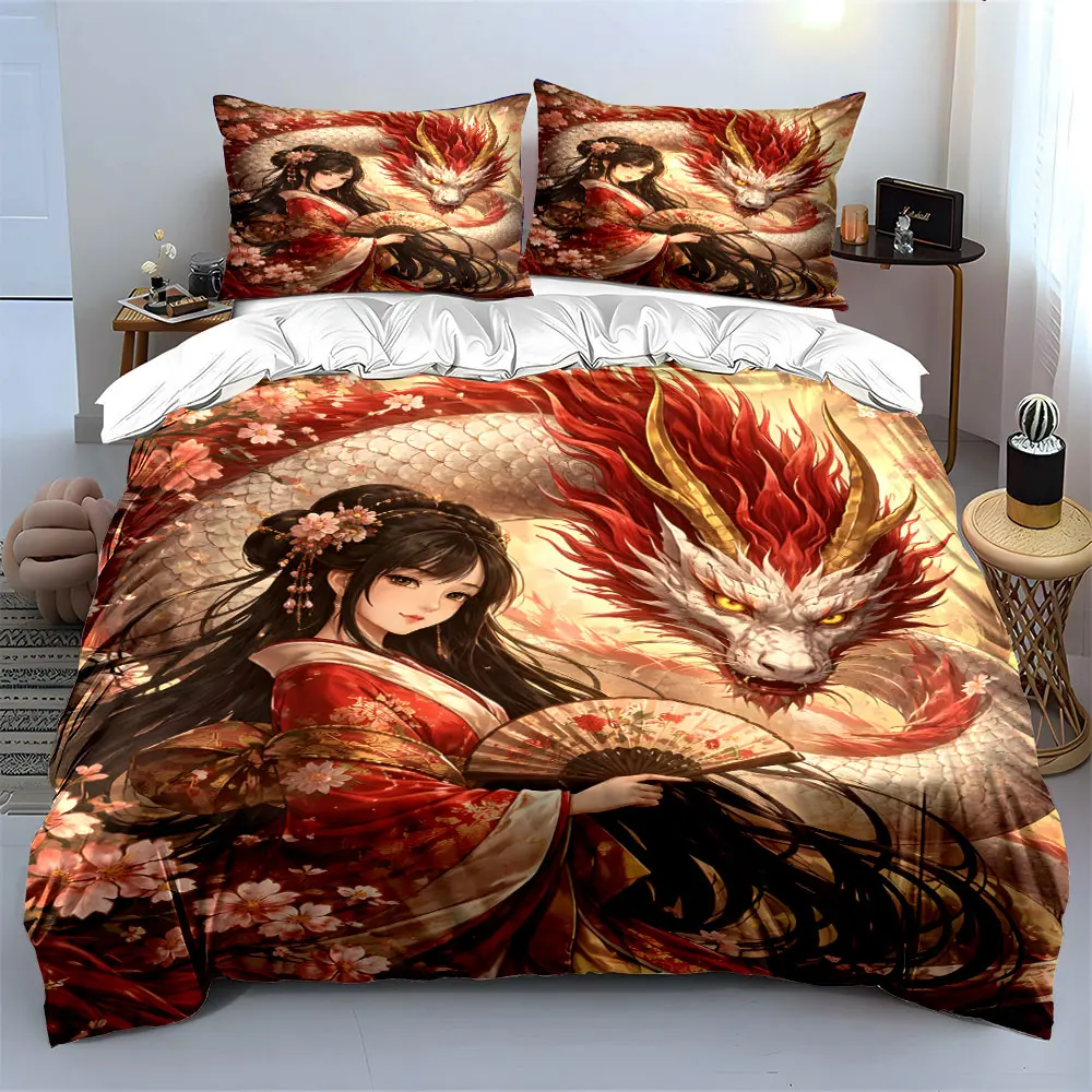 Lady in Red with White Dragon Printed Duvet Cover Set1 Duvet Cover+2 PillowcaseMulti Size Bedroom Bedding Decor Luxury gifts 3