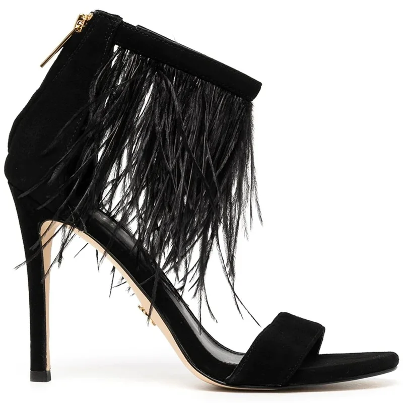 

Summer tassel feather stiletto sexy catwalk black suede one word belt sandals banquet dress plus size custom women's shoes