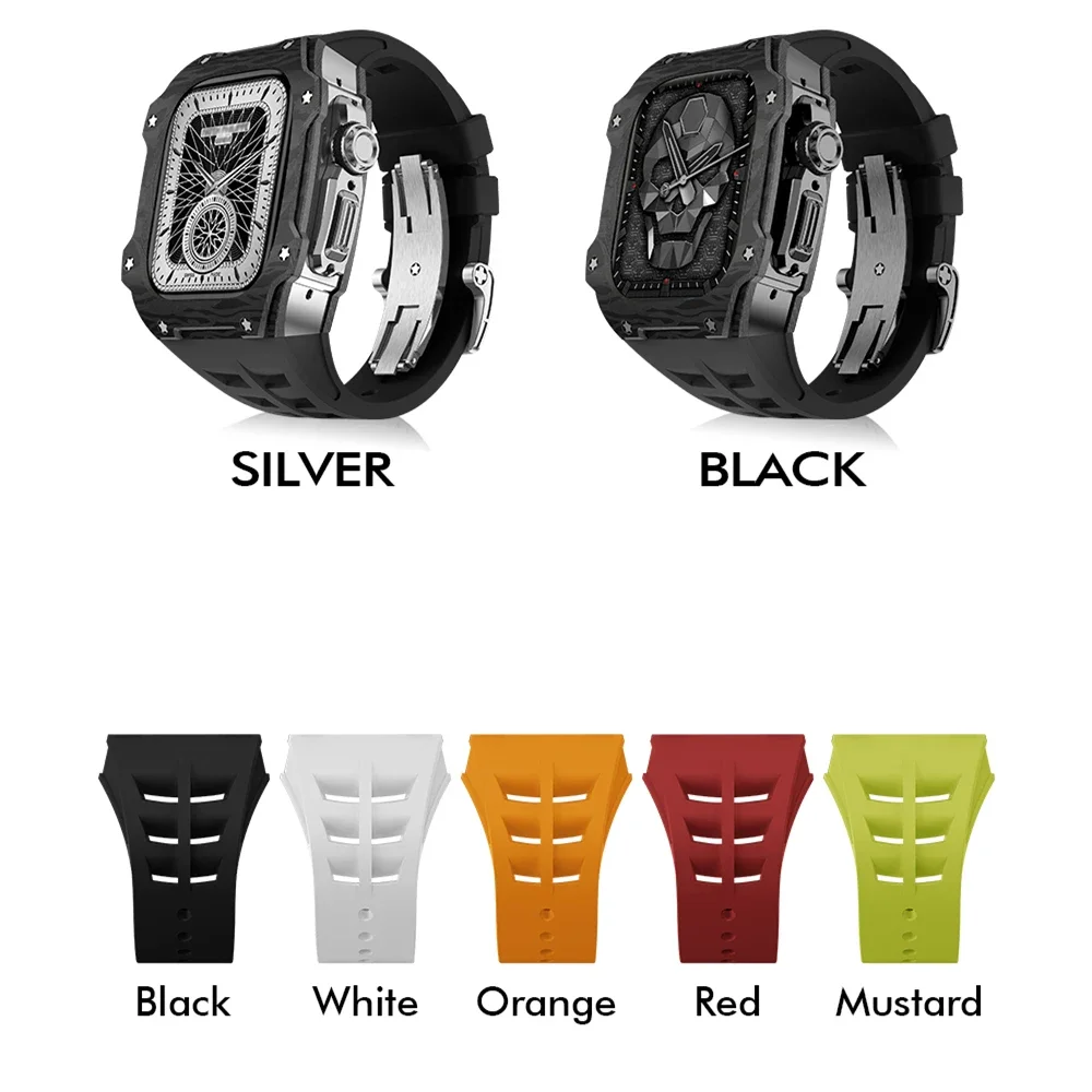 애플 워치용 고급 탄소 섬유 수정 키트, 울트라, 울트라 2, 49mm 티타늄 커버, 아이워치 시리즈용 49mm 불소 고무 스트랩