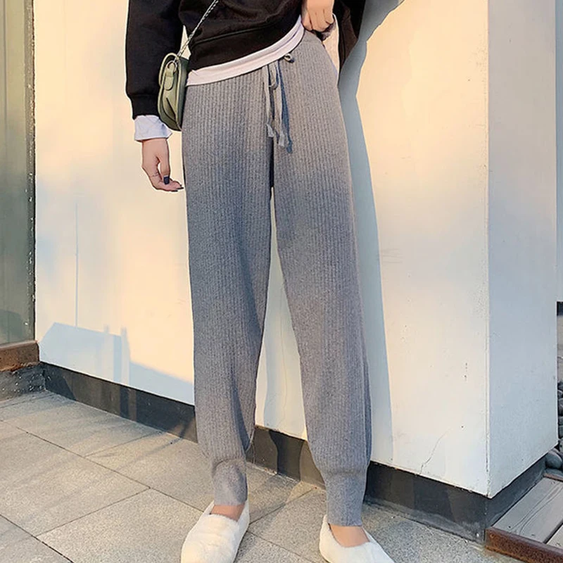 Fall Winter Sweater Harem Pant Women Solid Colors High Waist Casual Ankle-Length Pants Korean Fashion Elastic Knitted Sweatpant