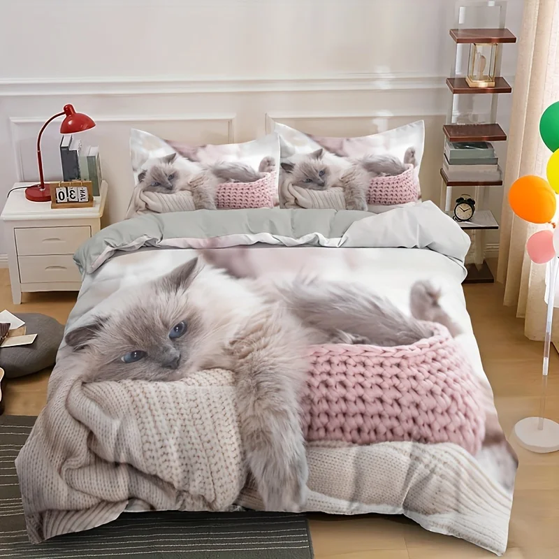 

2/3pcs Lovely Pet Cat Print Duvet Cover Set, (1 Duvet Cover + 1/2 Pillowcase, Without Core), Soft Comfortable Cute Kitten Beddin