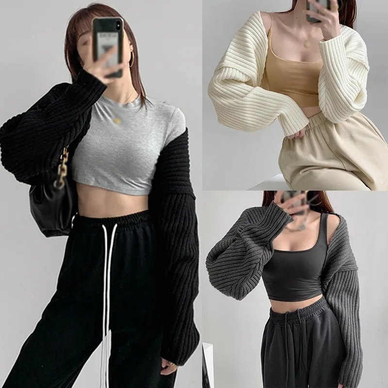 Women Short Cardigans Autumn Ultra-short Sweater Coat Long Sleeve Loose Knitted Crop Top Solid Color Sexy Cardigan Sweaters Top 6