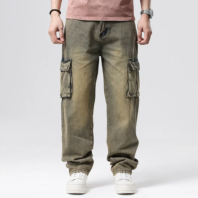 Large Size 46 Loose Jeans Men Denim Pants Straight Pocket Baggy Casual Streetwear Hip Hop Brand Blue Wide Leg Cargo Trousers 3