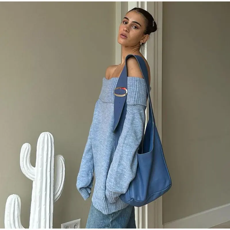 S63eb3deb9dd84af7b051e0e558b3606eP Fashion Sexy Solid Off Shoulder Female Jumpers Casual Slash Neck Long Sleeve Sweater Autumn Ladies High Street Knitwear Mallzona