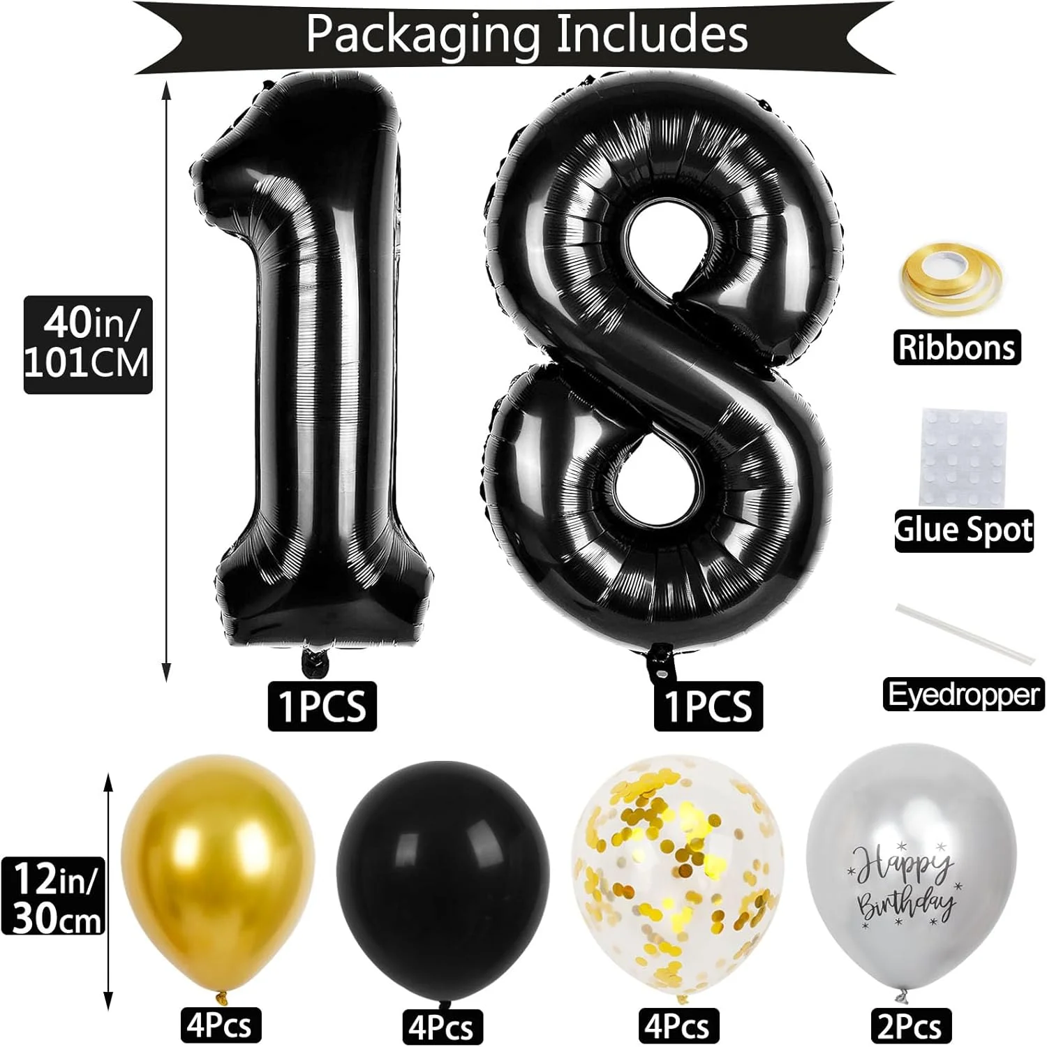 40 Zoll Schwarze Große Zahlen 16/18/21/30/40/50/60 Jahre Set mit Glitzer-Latexballons für Erwachsene Männer Geburtstagsdekoration – Detail 2