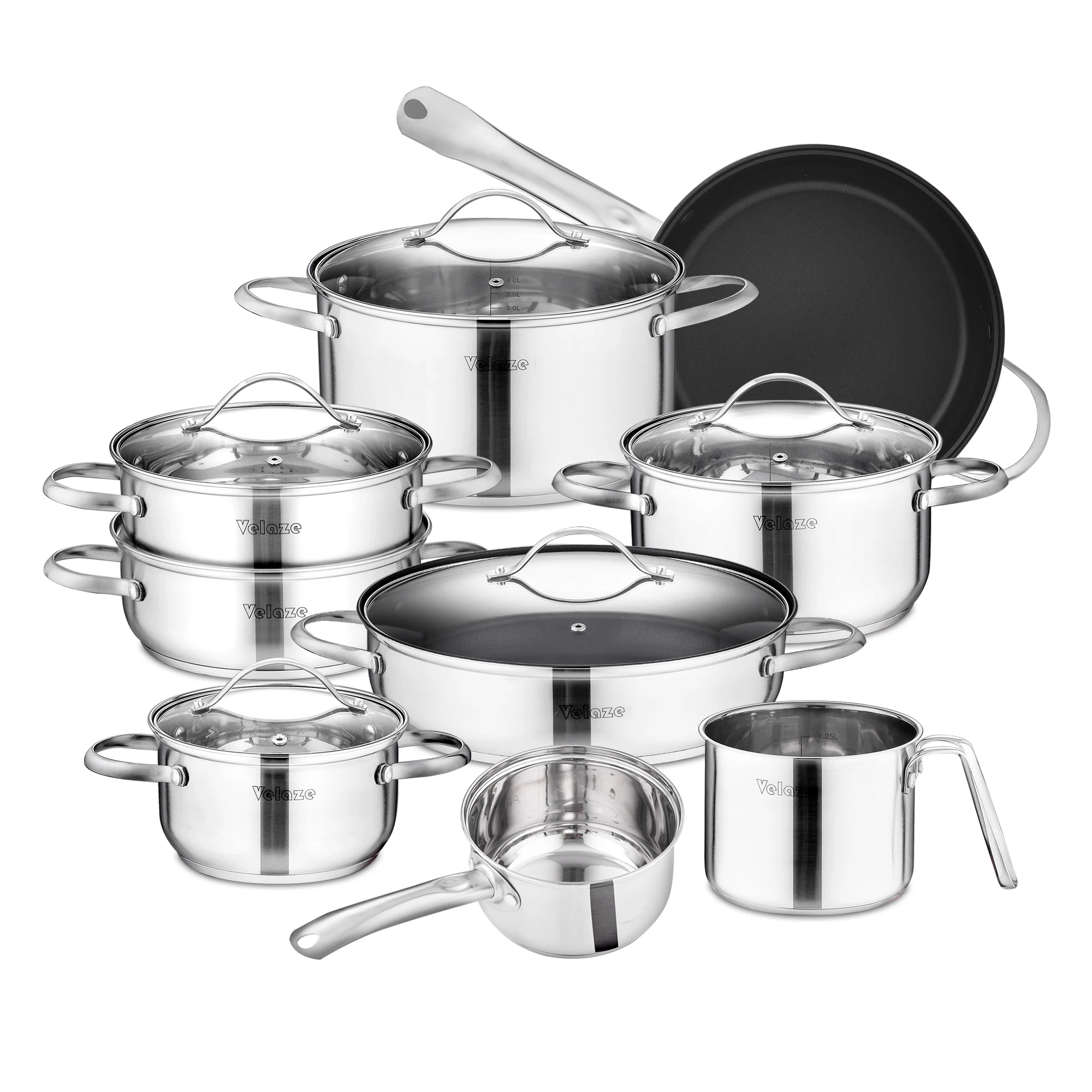 Stainless Steel Cookware Set 8/9/14 Piece Cooking Pot Pan Set Induction Safe Saucepan Casserole with Glass lid Non Stick