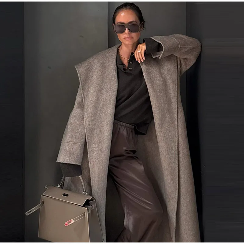 Solide Große Revers Gürtel Lange Woolen Frauen Mantel Elegante Volle Hülse Spitze Up Mantel 2025, Herbst Winter Wrap Stil Oberbekleidung – Detail 14