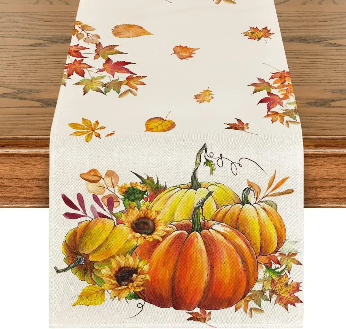 Autumn Thanksgiving Table Runner Linen Buffalo Plaid Pumpkins Mushrooms Dining Table Decoration Indoor Outdoor Tablecloth