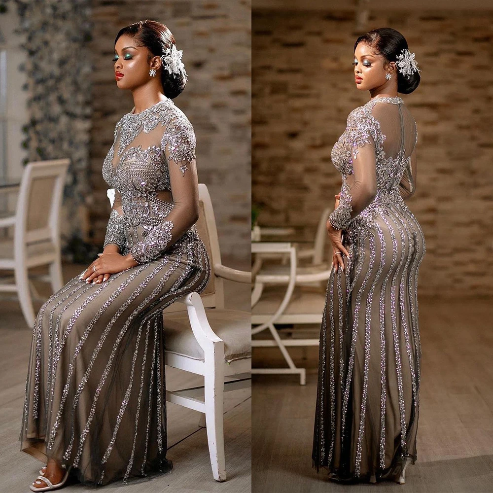 

Sparking African Bridal Gowns Sheer Neck Jewel Rhinestones Wedding Dress Custom Made Sequins Mermaid Plus Size Vestido de novia