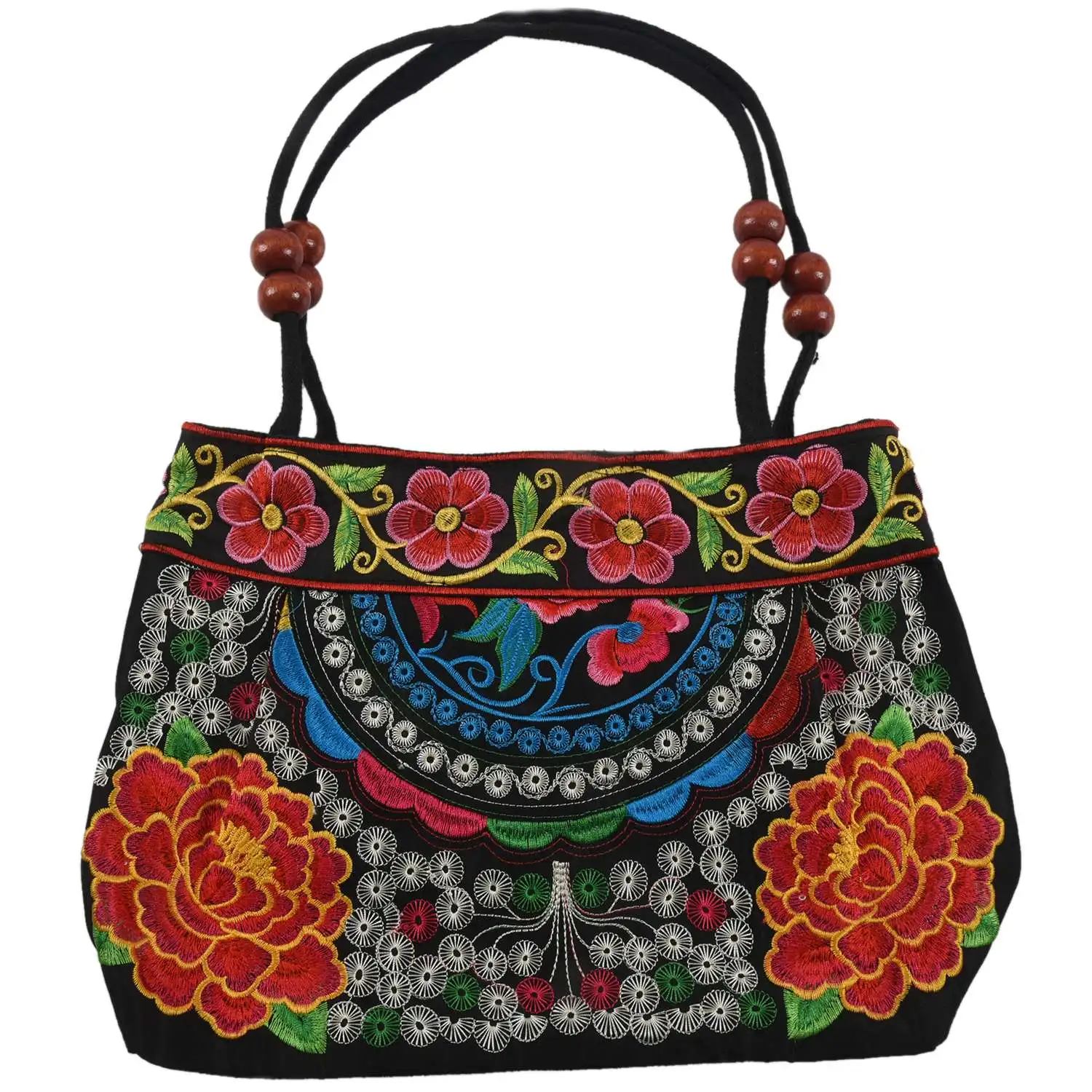 

Chinese Style Women Handbag Embroidery Ethnic Handmade Flowers Ladies Tote Shoulder Bags Cross-Body （Red Double Peony）