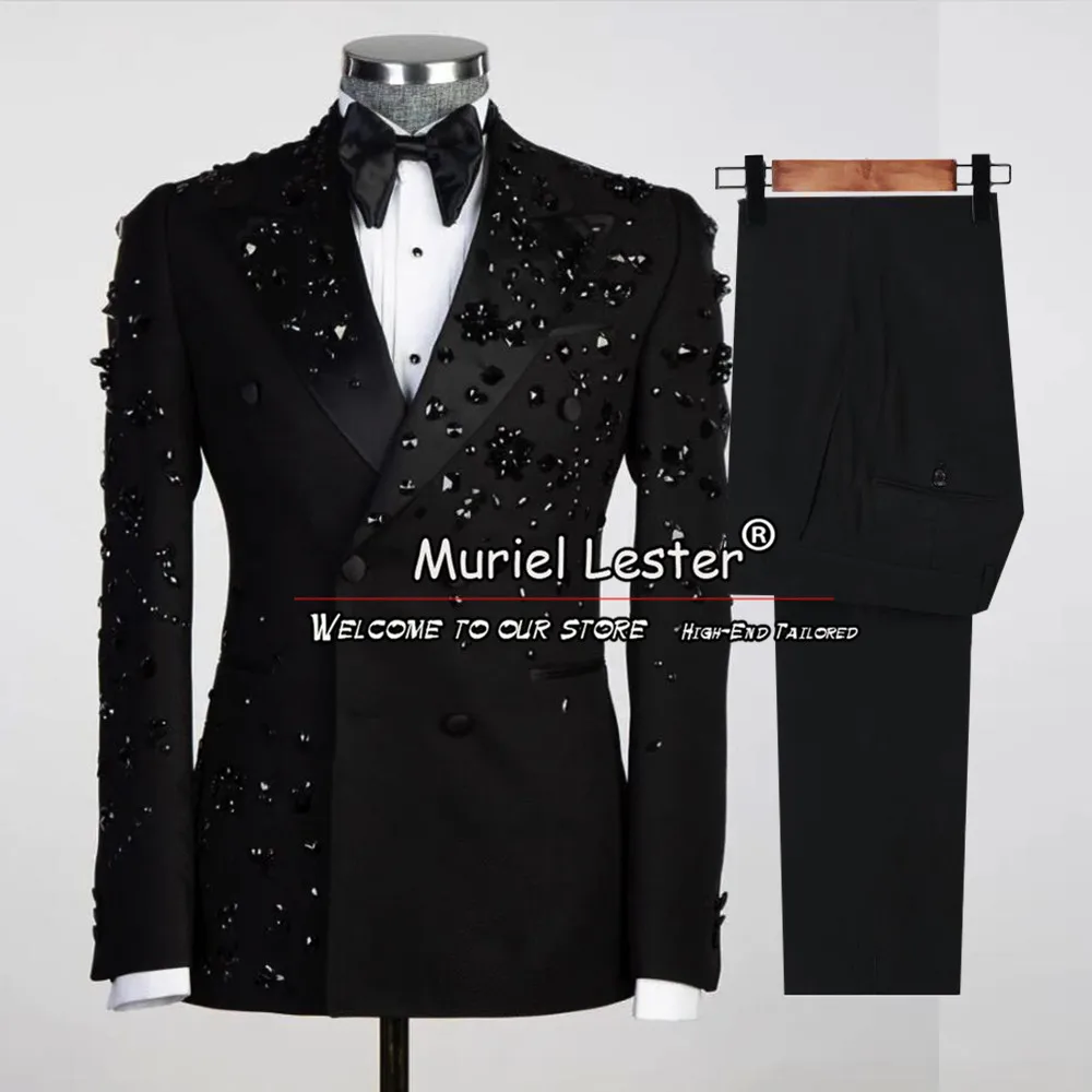 

Luxury Men's Suits For Wedding Beading Blazer Set Plus Size Double Breasted Blazer Pants 2 Pieces Groom Wear Tuxedo Banquet Prom