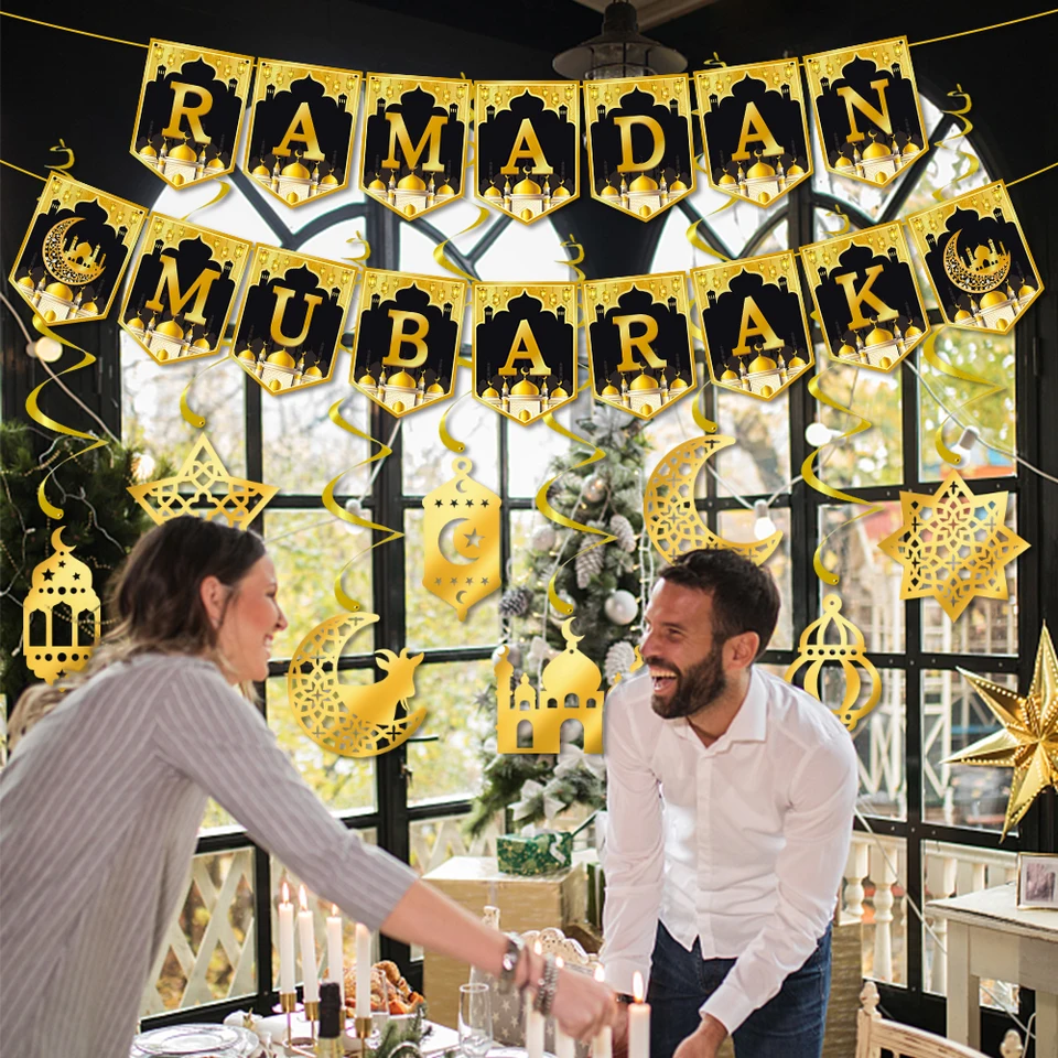 DWEARTY Striscione Ramadan Mubarak Nero Oro Con 8 Decorazioni A Spirale - Set Decorazioni Per Feste Eid E Casa