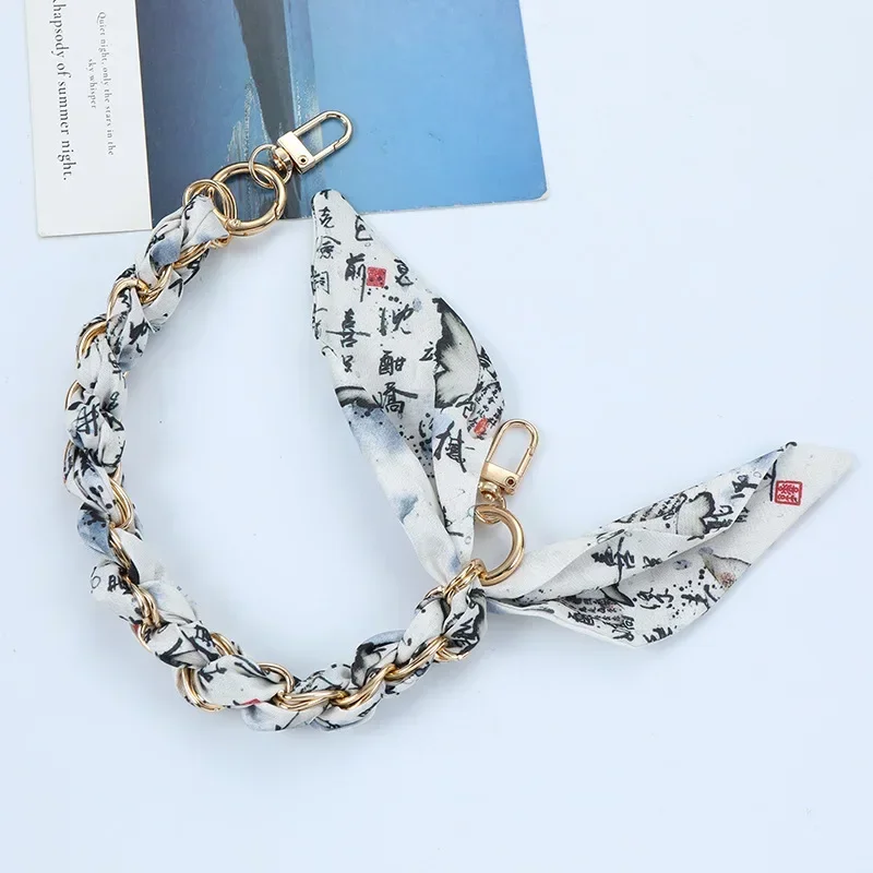 Woven Silk Scarf Double Buckle Wrist Strap with Mobile Phone Lanyard