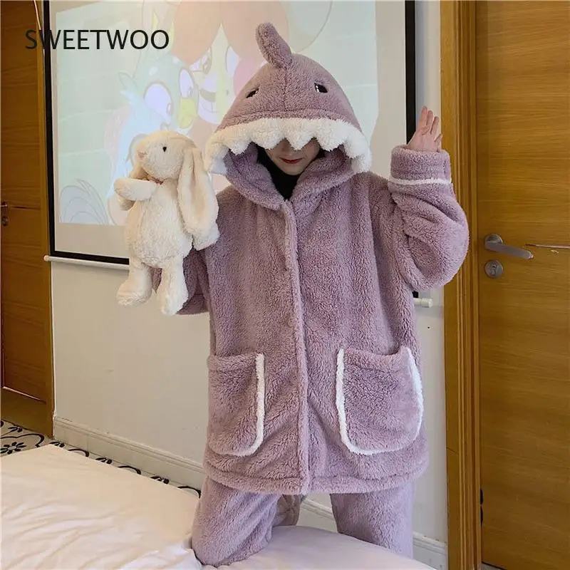 Shark Women Pajamas Flannel Hooded Sleepwear Kawaii Pijama Female Set with Pants Cute Pyjamas Halloween Party Loungewear