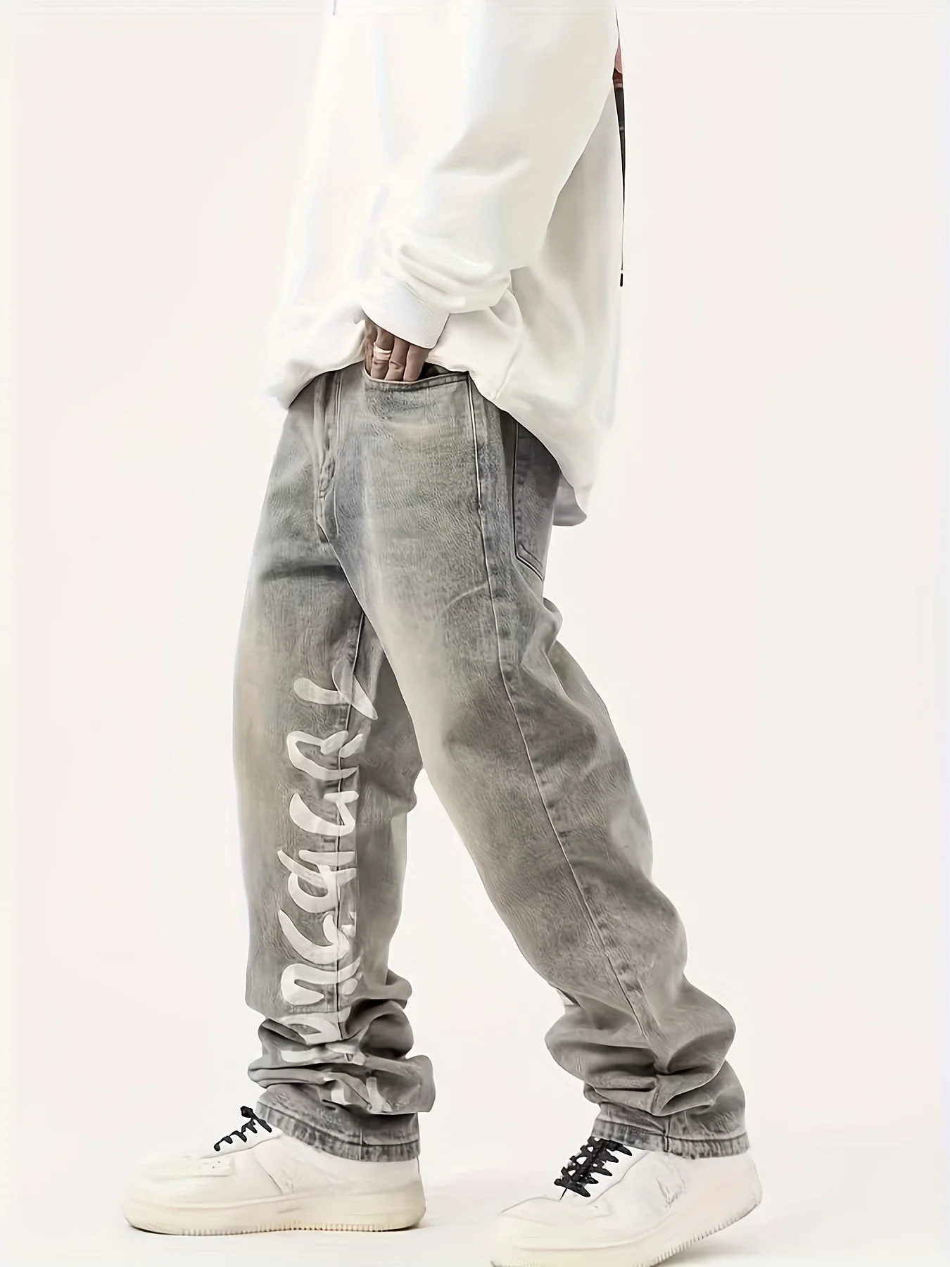 New Korean Fashion Men's Casual Long Jeans Graffiti Jeans Classic Man Straight Denim Wide-leg Pants Solid Color Light