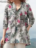 ZANZEA Bohemian Summer Floral Printed Tops Women Vintage Blouse Cotton Blusas Casual V Neck 3/4 Sleeve OL Work Shirt Oversized - Image 3