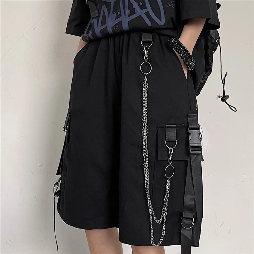 

2022 Men's Cargo Shorts Summer Mens Black Ribbons Shorts Hip Hop Chain Streetwear Casual Male Sportswear Shorts Homme Clothing