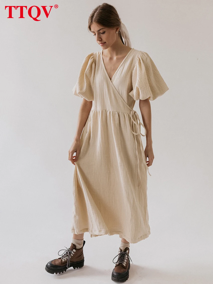 

TTQV Summer Apricot Lace-up Womens Dresses 2023 Elegant Solid V-neck Puff Sleeve Dresses Casual Loose Midi Dress Female Clothing