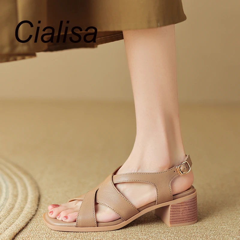 

Cialisa Genuine Leather Lady Sandals Concise Round Open-Toed Women Shoes 2023 Summer Daily Comfortable Mid Heel Handmade Sandals
