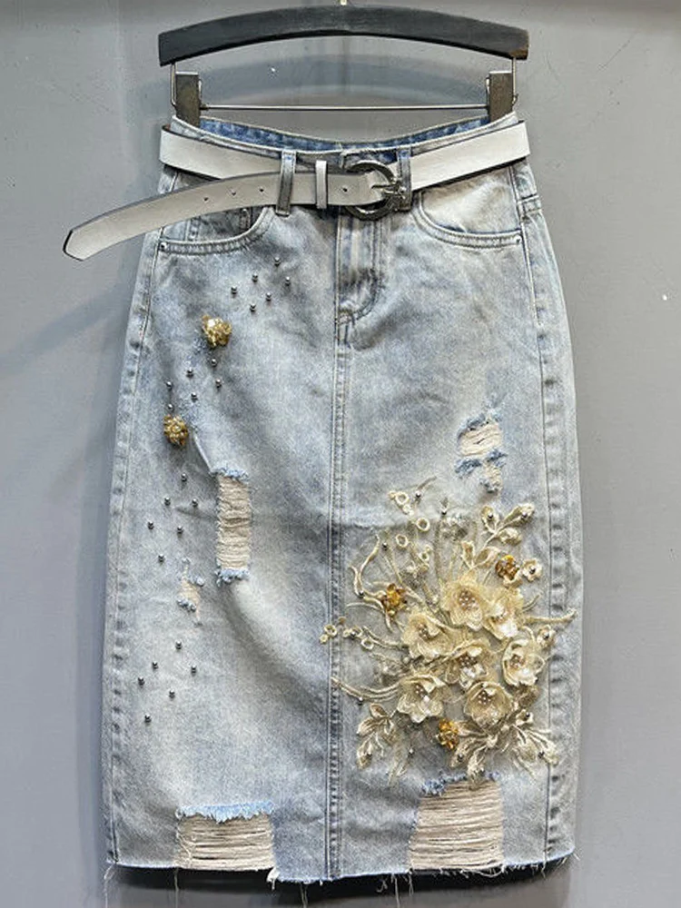 

Woman Beaded 3d Three-dimensional Flower Hole Streetwear Denim Skirt 2023 Spring And Summer High Waist Mid-length A-line Skirt
