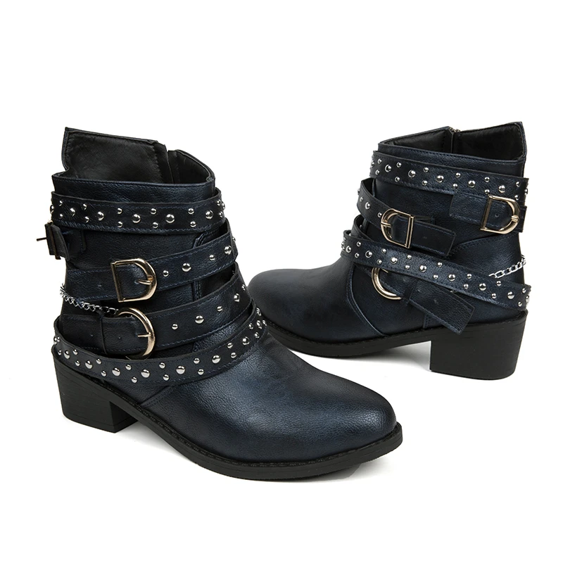 2023 Winter Retro Shoes for Female Side Zip Rivet Women's Ankle Boots Square Heel Chain Women's Shoes Belt Buckle Ladies Boots