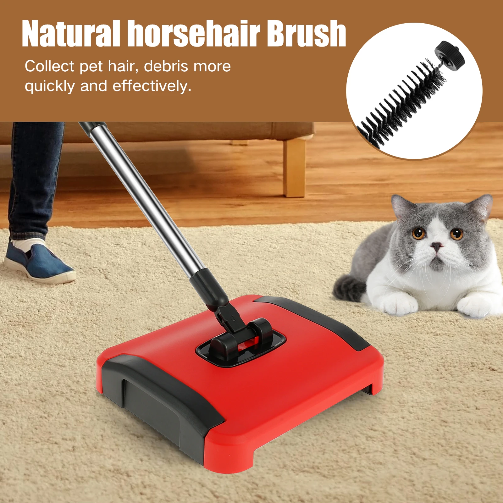 Hand Sweeping Machine Carpet Floor Sweeper Cleaner Hand Push  for Cleaning Pet Hair Loose Debris Lint Cleaning Non-Electric - 3