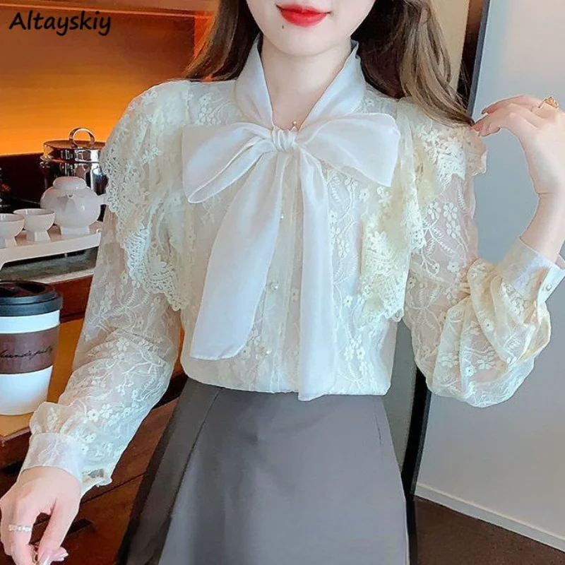 

Shirts Women Bow Elegant Inside Autumn Casual Solid Basic Temperament All-match Light Soft Cozy Ins Popular Female Chic Blusas