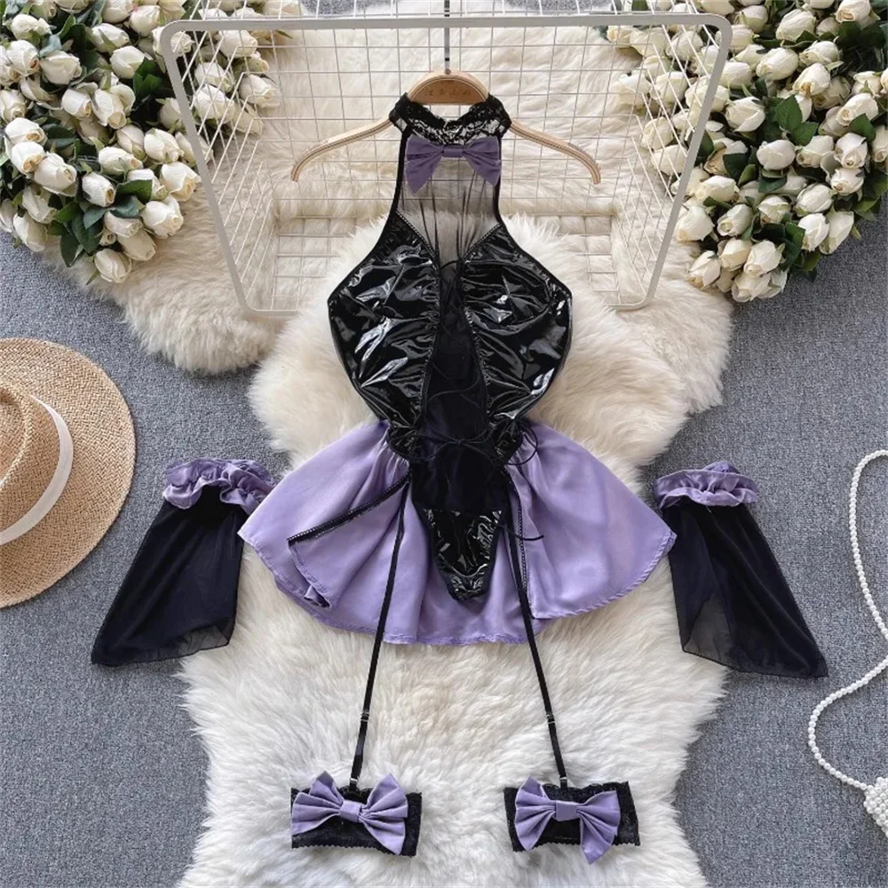 Women Floral Print Bra Brief Suits Vintage Tight Sleepwear Intimate Lingerie Outfits Transparent Erotic Underwear Jumpsuit Hot