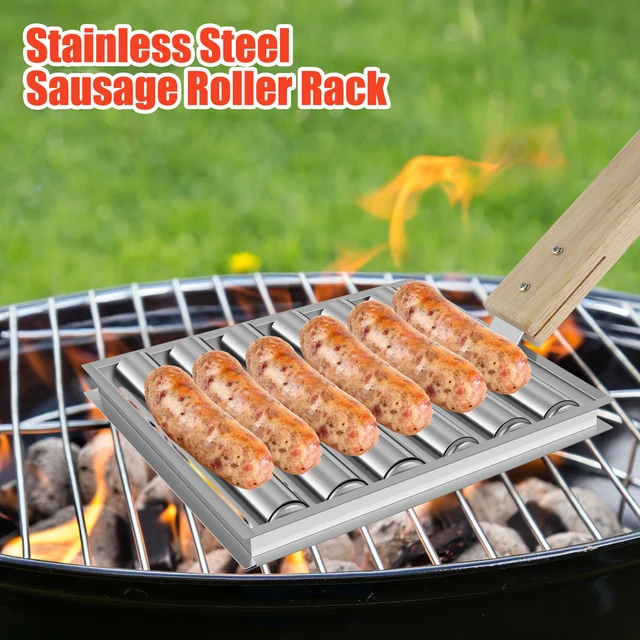 Hot Dog Henger Rozsdamentes Acél Kolbászhenger Hosszú Fa Fogantyúval Bbq Griller Hordozható Kolbászgrill Grill