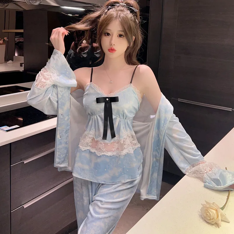 

Весенний велюровый Пижамный костюм, женский кружевной халат, cami и брюки, пижамный комплект для сна, осенний бархатный пижамный комплект с принтом из 3 предметов, нижнее белье pj